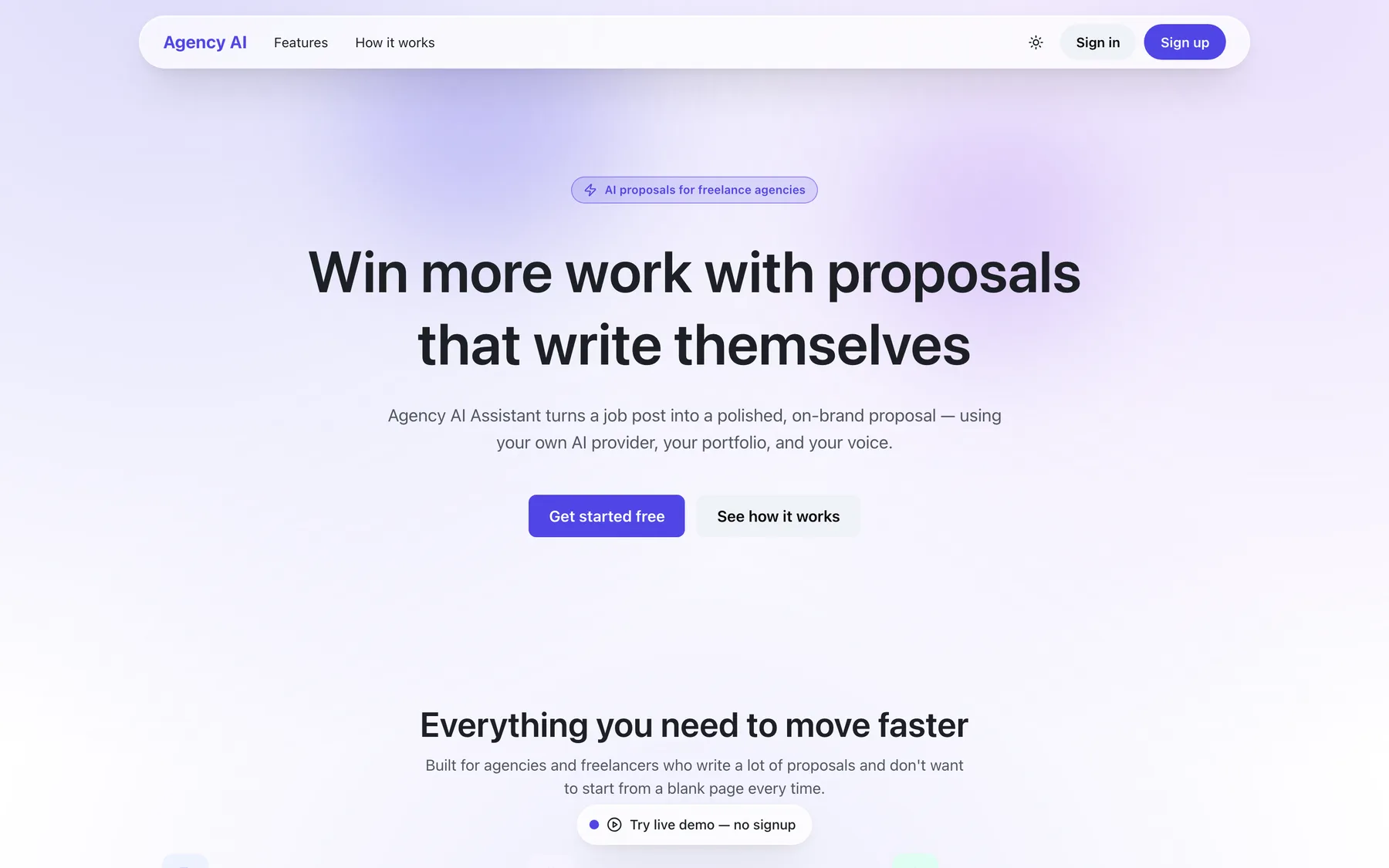 Agency AI Assistant landing page: ‘Win more work with proposals that write themselves’ above Get started and See how it works buttons